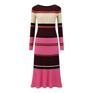 Women's Striped Sweater Dress Long Sleeve Ribbed Knit Bodycon Dress Fushcia